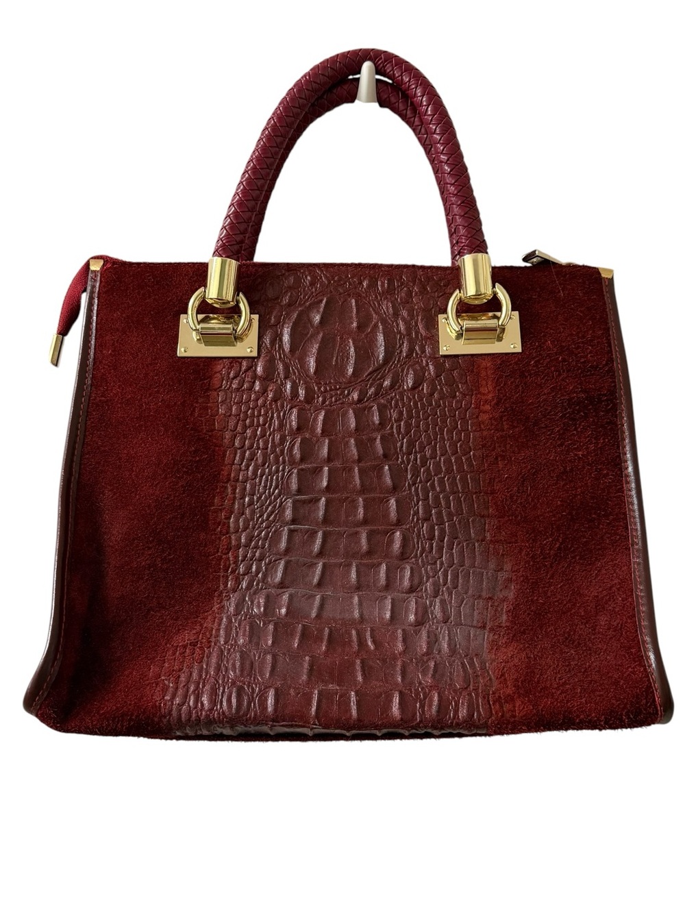 Vera Pelle Burgundy Croc-Embossed Suede Top-Handle Satchel